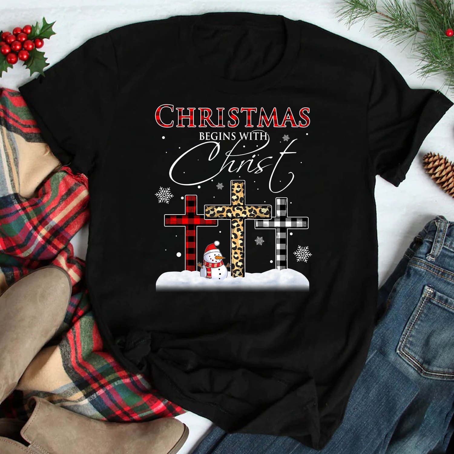 Jesus – Cross – Christmas begins with Christ – Apparel – Pixorcenter